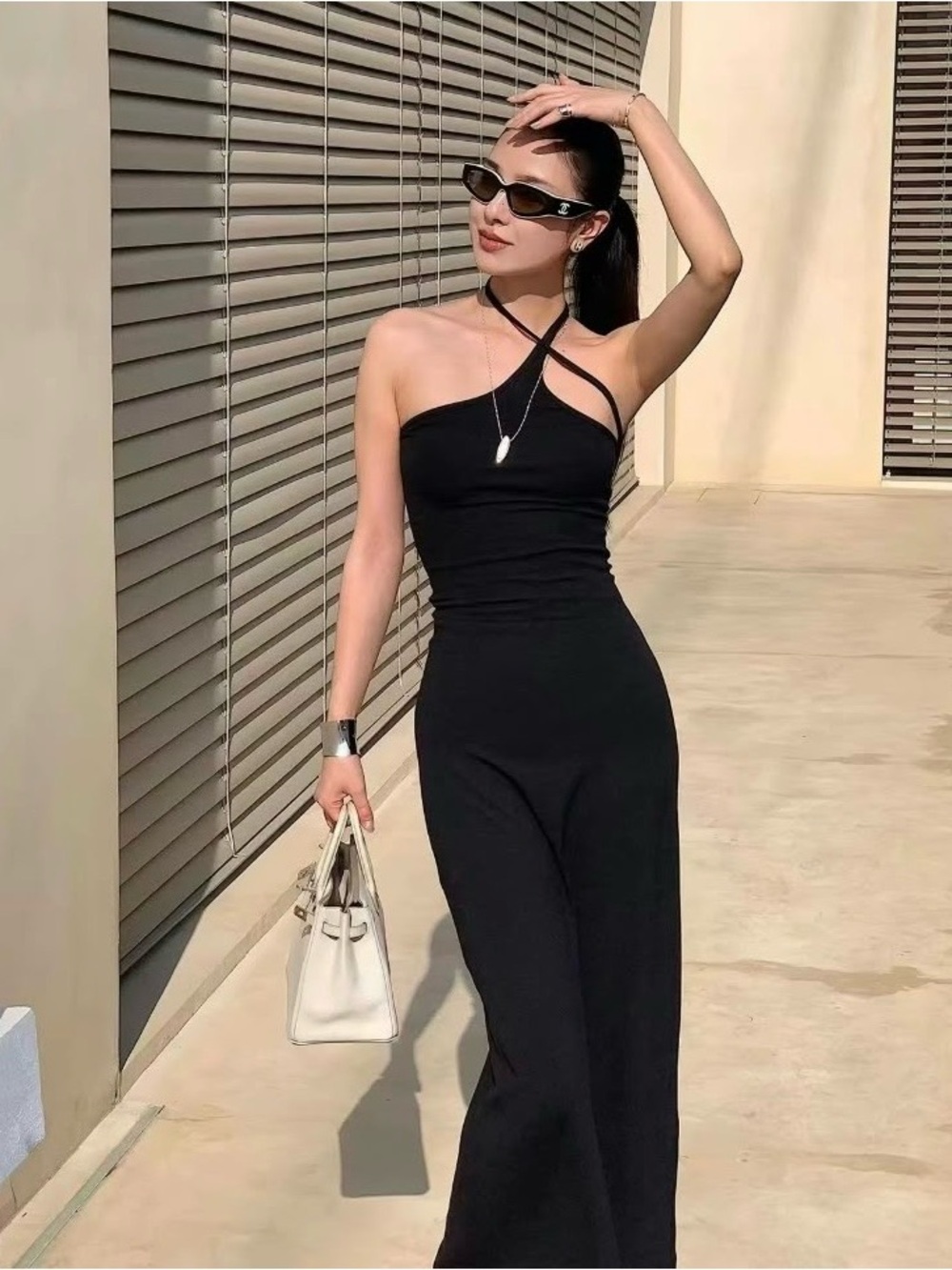 Black Maxi One-Shoulder Cross-Strap Bodycon Dress - Small